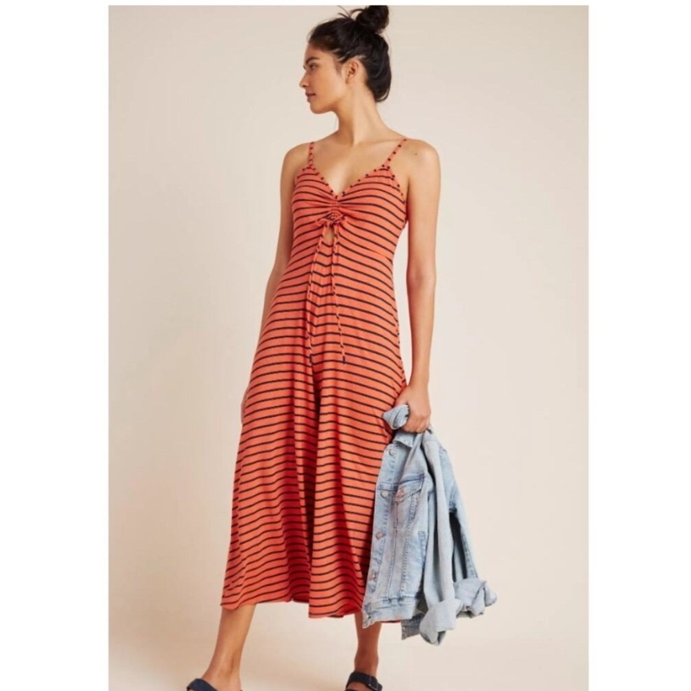 Anthropologie Striped Wide Leg Jumpsuit Orange Navy Blue Spaghetti Strap Small